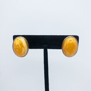 Oval Amber Earrings Clip On Egg Yolk 925 Silver